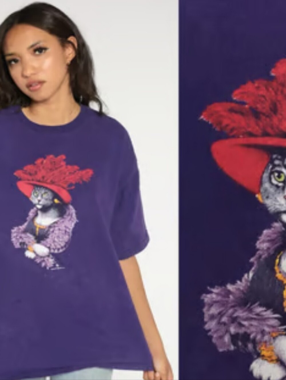 Vintage Y2k Red Hat Society Fancy Cat Tee Purple 100% Cotton Size XL